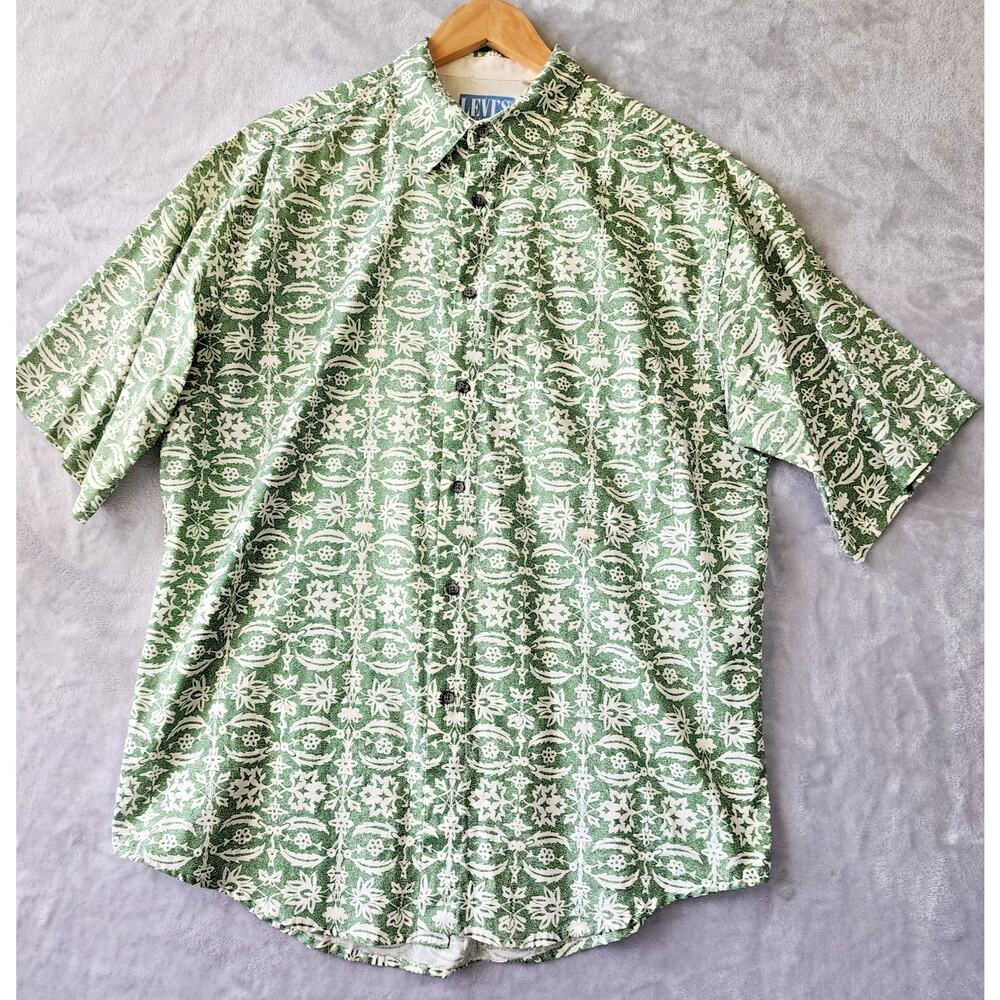 Vintage LEVIS Shirt Mens Medium Hawaiian Tiki Button Up Green White 1991 90's - Picture 2 of 8